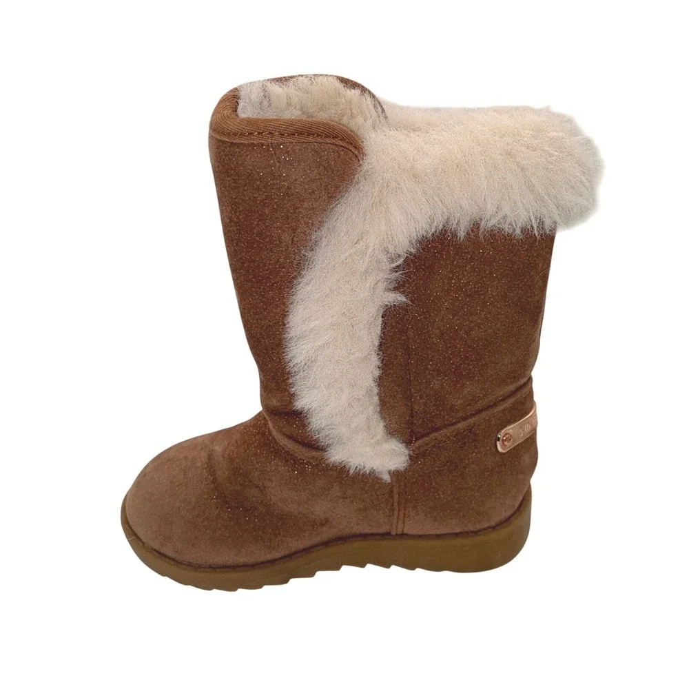 Nine West Girls Brown Glitter‎ Faux Fur Winter Boots Rose Gold Accents Kids